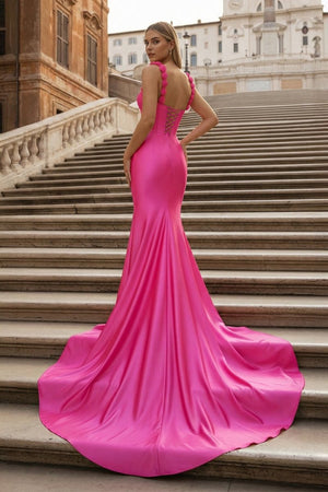 Hot Pink Floral Straps Mermaid Satin Long Prom Dress - KissProm