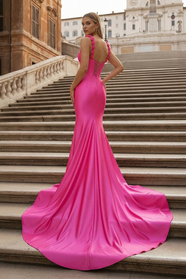 Hot Pink Floral Straps Mermaid Satin Long Prom Dress - KissProm