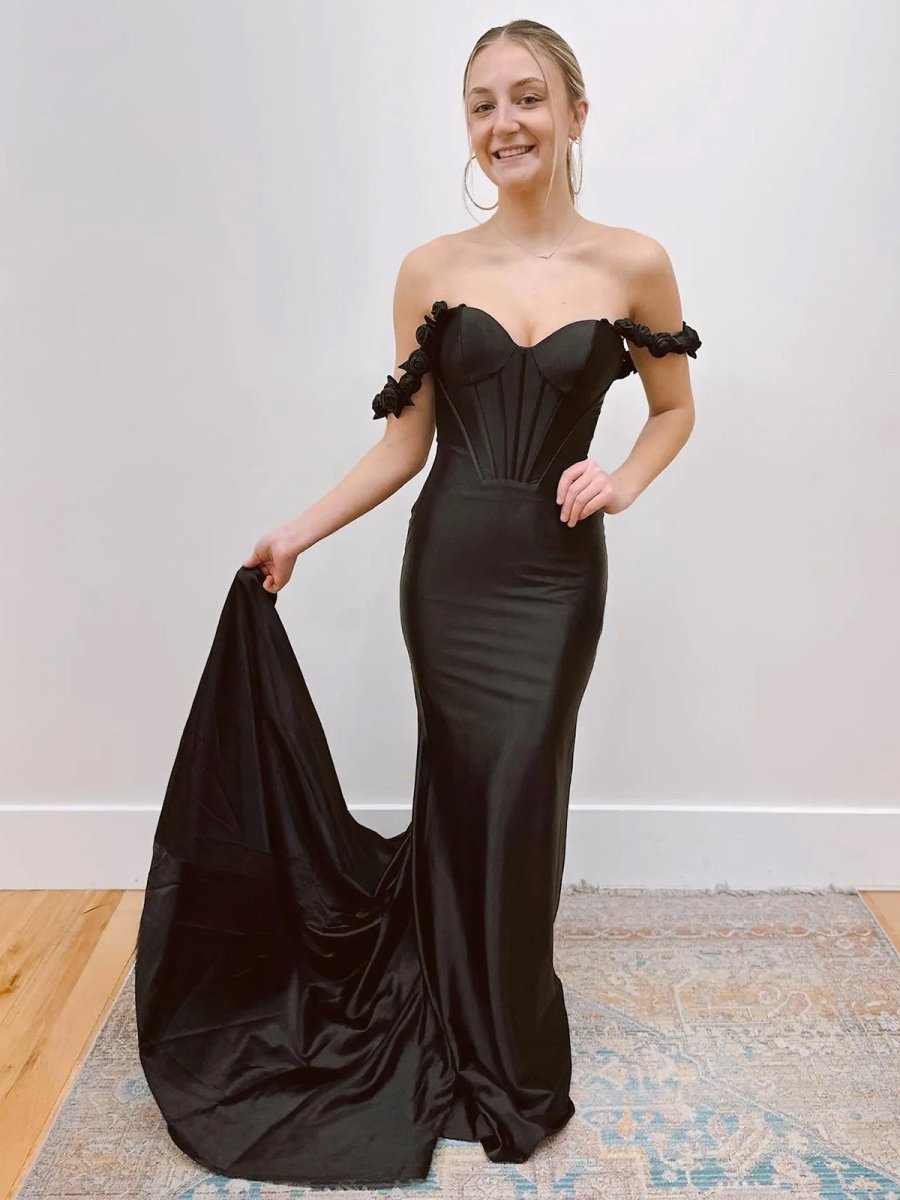 Hot Pink Floral Straps Mermaid Satin Long Prom Dress Black / 12 Hot Pink Floral Straps Mermaid Satin Long Prom Dress Black / 12