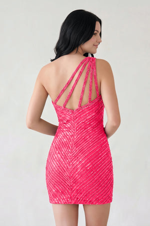 Hot Pink Glitter One Shoulder Beaded Tight Mini Homecoming Dresses (2) | KISSPROM