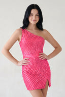 Hot Pink Glitter One Shoulder Beaded Tight Mini Homecoming Dresses | KISSPROM
