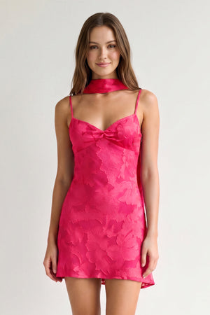 Hot Pink Jacquard Chiffon Cami Straps Sheath Homecoming Dress with Scarf | KISSPROM