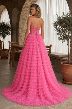 A-line Strapless Multi-Layers Tulle Prom Dress with Slit - KissProm