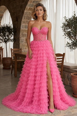 A-line Strapless Multi-Layers Tulle Prom Dress with Slit - KissProm