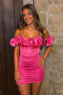 Hot Pink Off-the-Shoulder Bodycon Cocktail Dress with Ruffles | KISSPROM