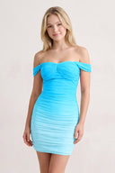 Blue Off-the-Shoulder Pleated Tulle Sheath Homecoming Dress | KISSPROM