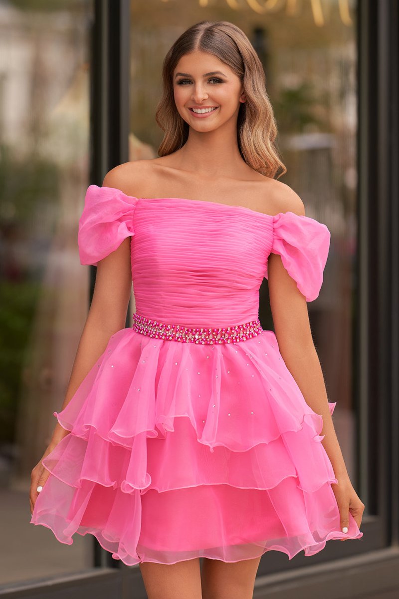 Xanthe | Hot Pink Off-the-Shoulder Ruffle Short Homecoming Dress