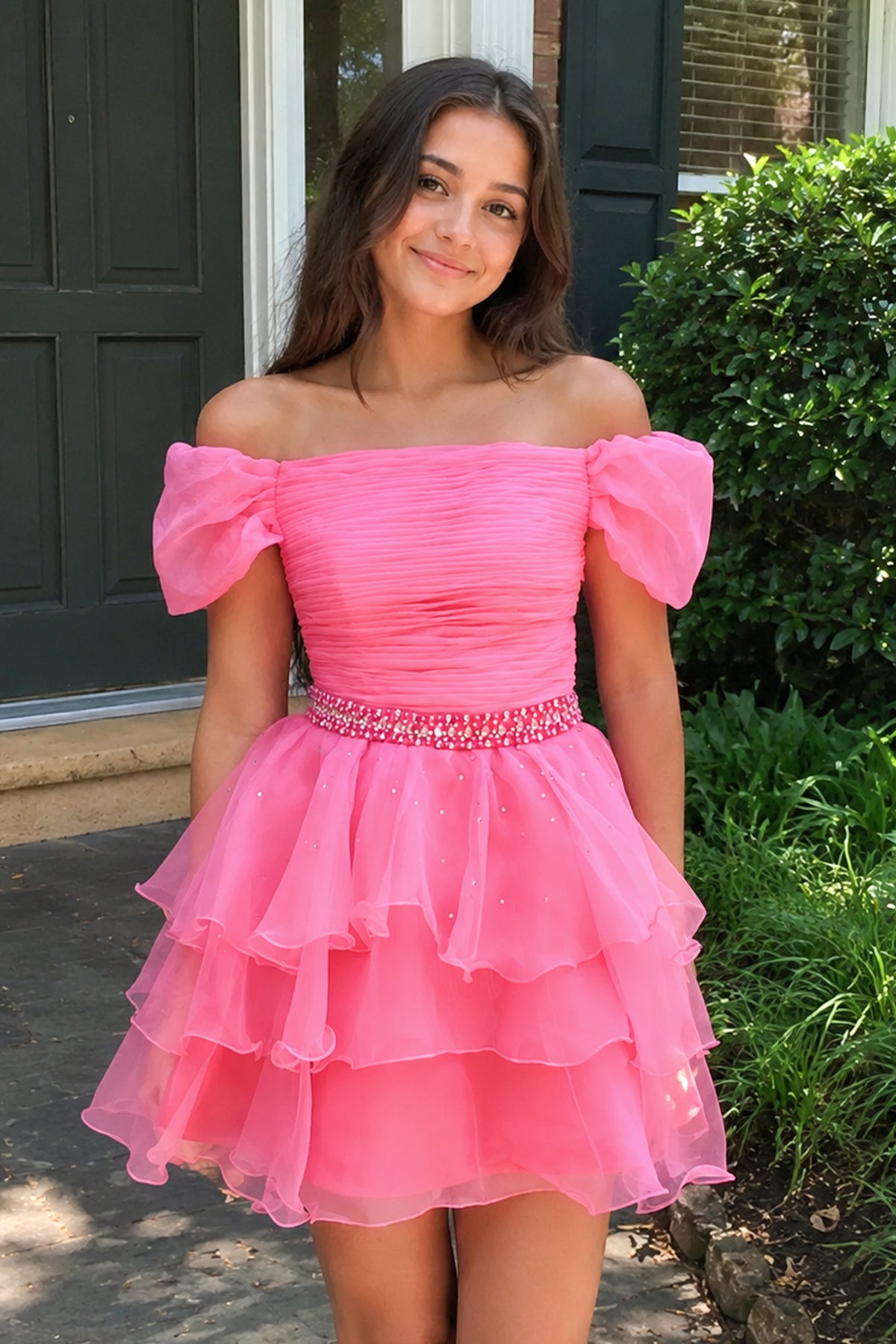 Hot Pink Off-the-Shoulder Ruffle Short Homecoming Dress Hot Pink / 2