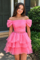 Xanthe | Hot Pink Off-the-Shoulder Ruffle Short Homecoming Dress