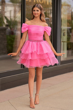 Hot Pink Off-the-Shoulder Ruffle Short Homecoming Dress Hot Pink / 2 Hot Pink Off-the-Shoulder Ruffle Short Homecoming Dress Hot Pink / 2