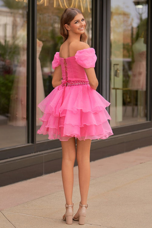 White one-shoulder short skirt sexy pink floral waist cake skirt short skirt homecoming dress R4089 main image 0