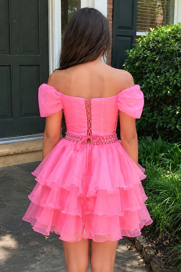 Hot Pink Off-the-Shoulder Ruffle Short Homecoming Dress Hot Pink / 2
