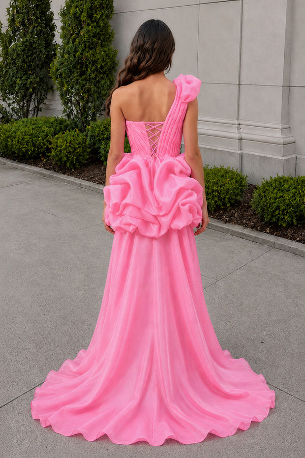 Hot Pink One Shoulder Organza High Low Homecoming Dress With Ruffles (2) | KISSPROM