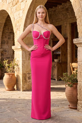 Hot Pink One Shoulder Rhinestones Pleated Long Prom Dresses | KISSPROM