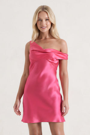 Hot Pink One-Shoulder Satin Ruched Sheath Homecoming Dress - KISSROM
