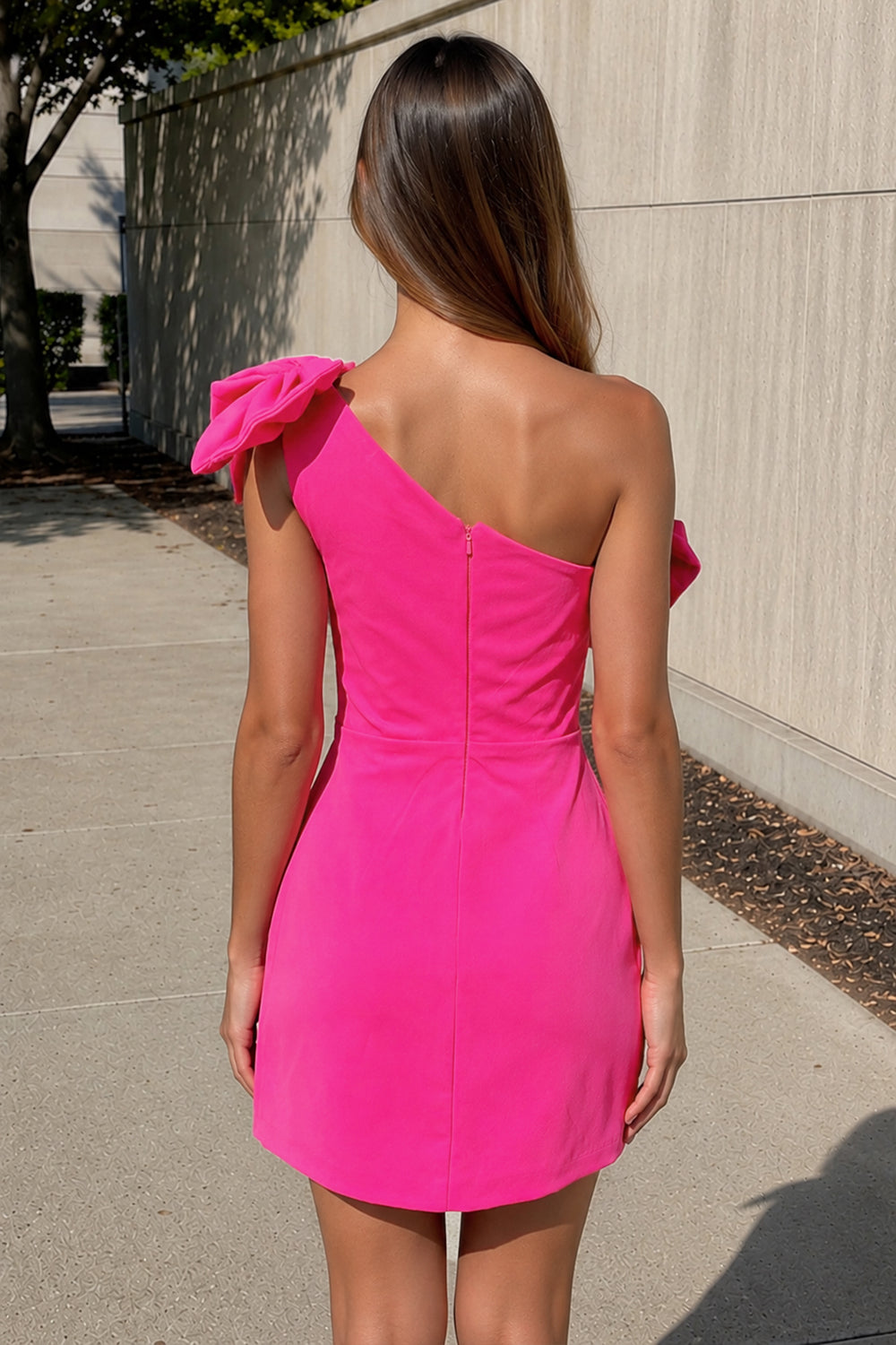 Noelle |Hot Pink One Shoulder Sheath Homecoming Dress with Bows