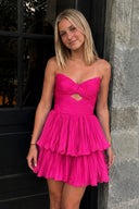 Hot Pink Pleated A-line Short Dress with Keyhole | KISSPROM