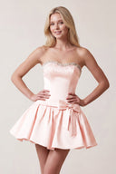 Pink Rhinestones Sweetheart Ruched A-Line Homecoming Dress With Bow | KISSPROM