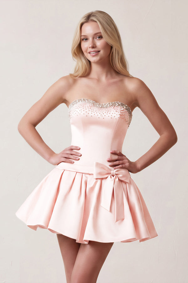 Pink Rhinestones Sweetheart Ruched A-Line Homecoming Dress With Bow | KISSPROM