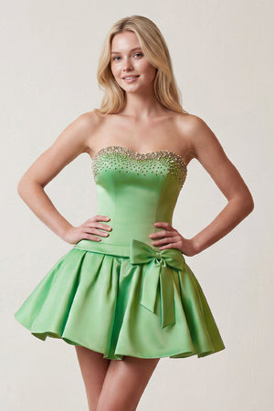 Lime Green Rhinestones Sweetheart Ruched A-Line Homecoming Dress With Bow - KISSPROM