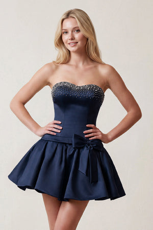 Navy Blue Rhinestones Sweetheart Ruched A-Line Homecoming Dress With Bow | KISSPROM