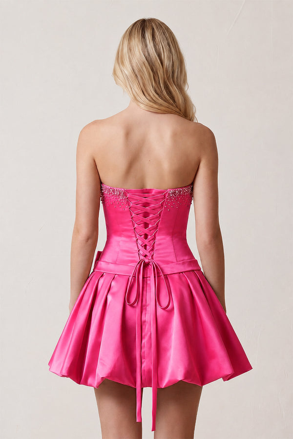 Hot Pink Rhinestones Sweetheart Ruched A-Line Homecoming Dress With Bow | KISSPROM