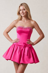 Hot Pink Rhinestones Sweetheart Ruched A-Line Homecoming Dress With Bow | KISSPROM