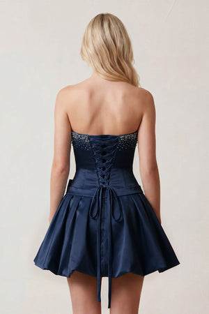 Navy Blue Rhinestones Sweetheart Ruched A-Line Homecoming Dress With Bow | KISSPROM