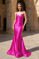 Hot Pink Satin Mermaid Plunge Neck Long Party Dress | KISSPROM