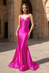 Hot Pink Satin Mermaid Plunge Neck Long Party Dress | KISSPROM