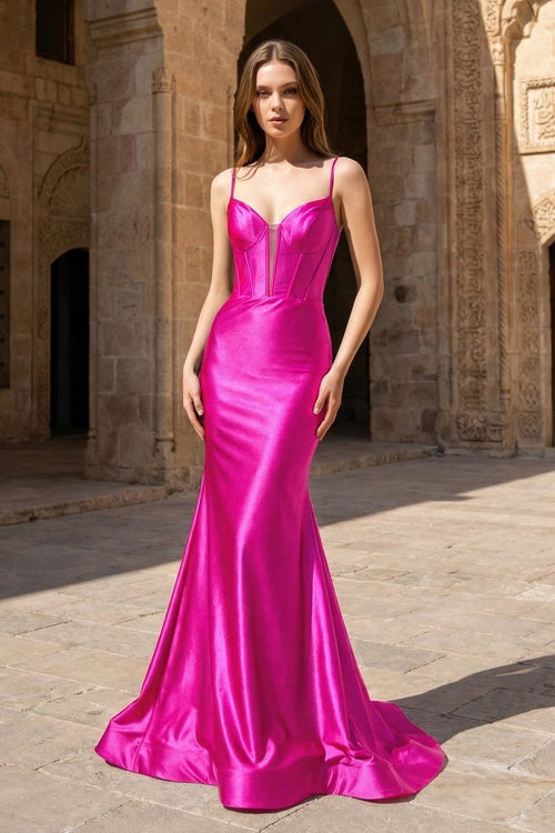 Hot Pink Satin Mermaid Plunge Neck Long Party Dress | KISSPROM
