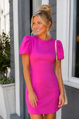 Hot Pink Satin Sleeves Homecoming Dress with Bow - KissProm