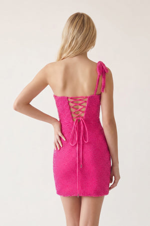 Hot Pink Scoop Neck Bodycon Beaded Mini Party Dresses With Bow (2) | KISSPROM