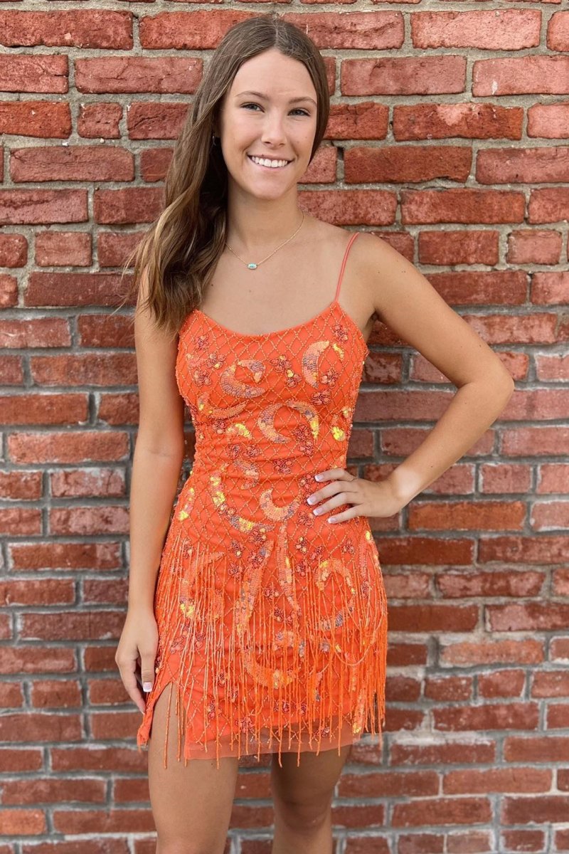 Hot Pink Sequin Embroidered Lace-Up Short Homecoming Dress with Fringes