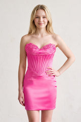 Hot Pink Sheath Sweetheart Corset Mini Party Dress with Appliques | KISSPROM