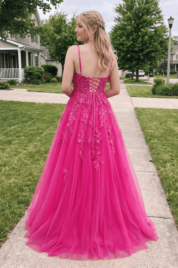 Hot Pink Spaghetti Straps A Line Lace Long Prom Dress (2) | KISSPROM