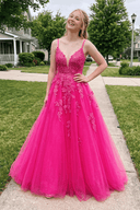 Hot Pink Spaghetti Straps A Line Lace Long Prom Dress | KISSPROM