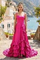 Hot Pink Spaghetti Straps A Line Lace-Up Ruffle Tiered Prom Dress with Slit | KISSPROM