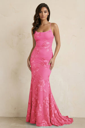 KissProm- Hot Pink Spaghetti Straps Mermaid Tulle Long Prom Dresses With Appliques