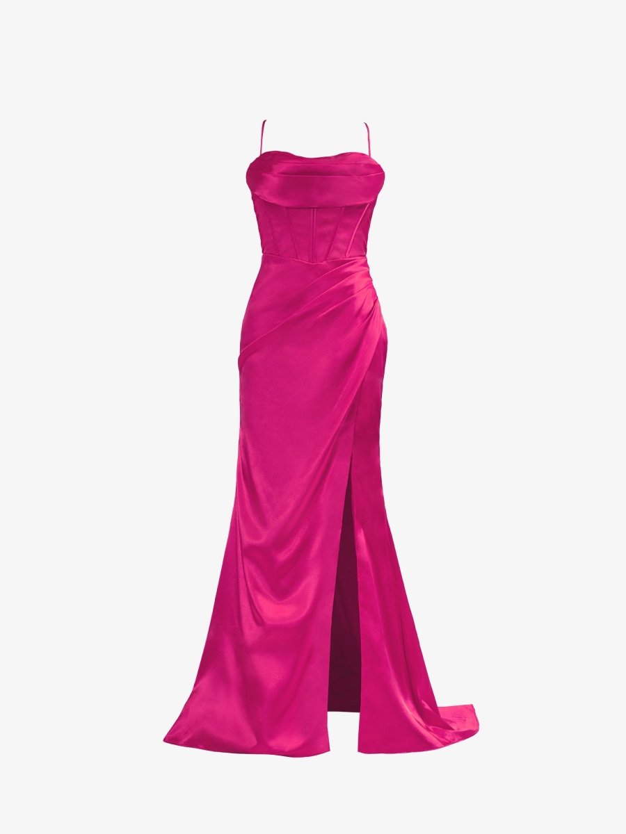 Satin Hot Pink Straps Trumpet Mermaid Prom Dress With Slit