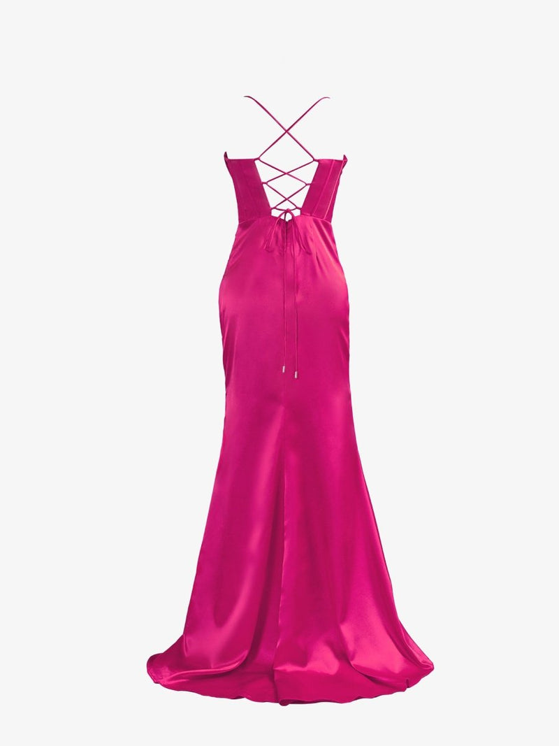 Charming Mermaid Straps Pink Elasitc Satin Slit Prom Dresses with Appliques main image 0