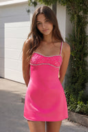 Hot Pink Spaghetti Straps Satin Sheath Homecoming Dress With Rhinestones | KISSPROM