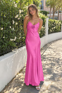 Hot Pink Spaghetti Straps Sheath Satin Backless Long Formal Prom Dresses With Flower | KISSPROM