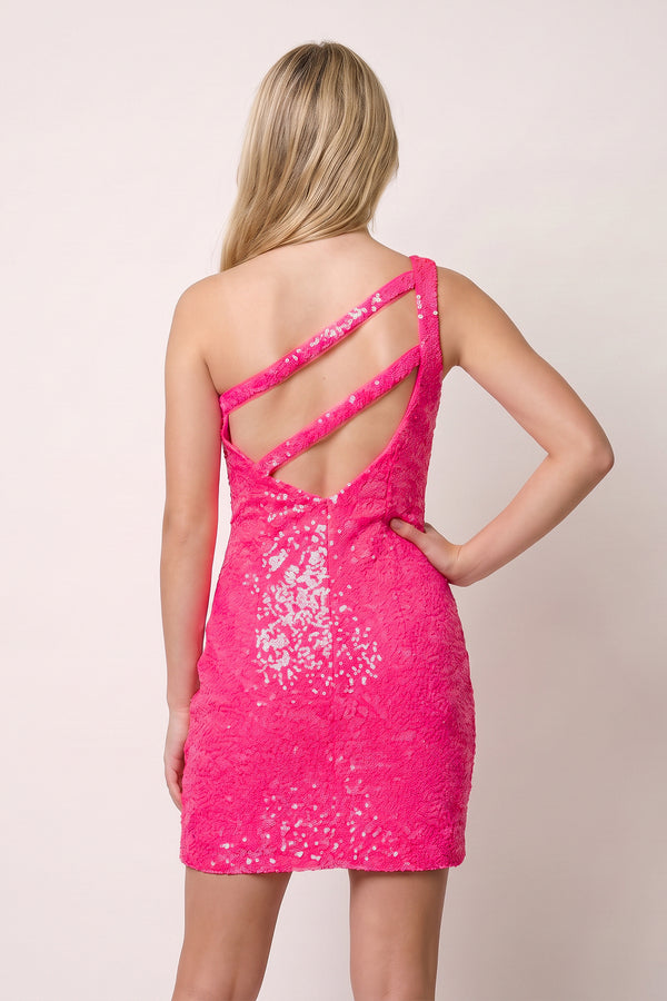 Hot Pink Sparkly Bodycon One Shoulder Sequins Mini Party Dresses with Keyhole (2) | KISSPROM