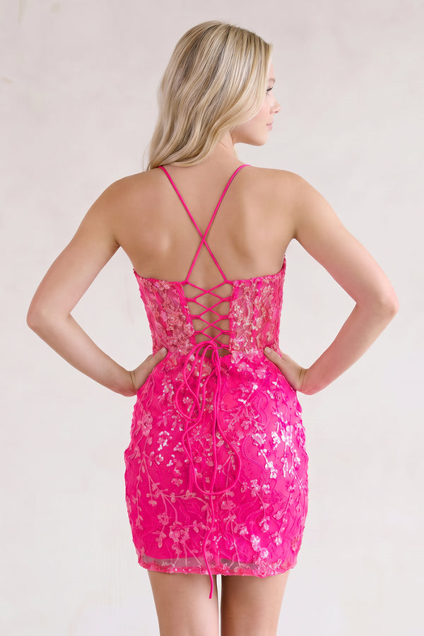 Hot Pink Sparkly Sequin-Embroidery Lace-Up Mini Party Dresses (2) | KISSPROM