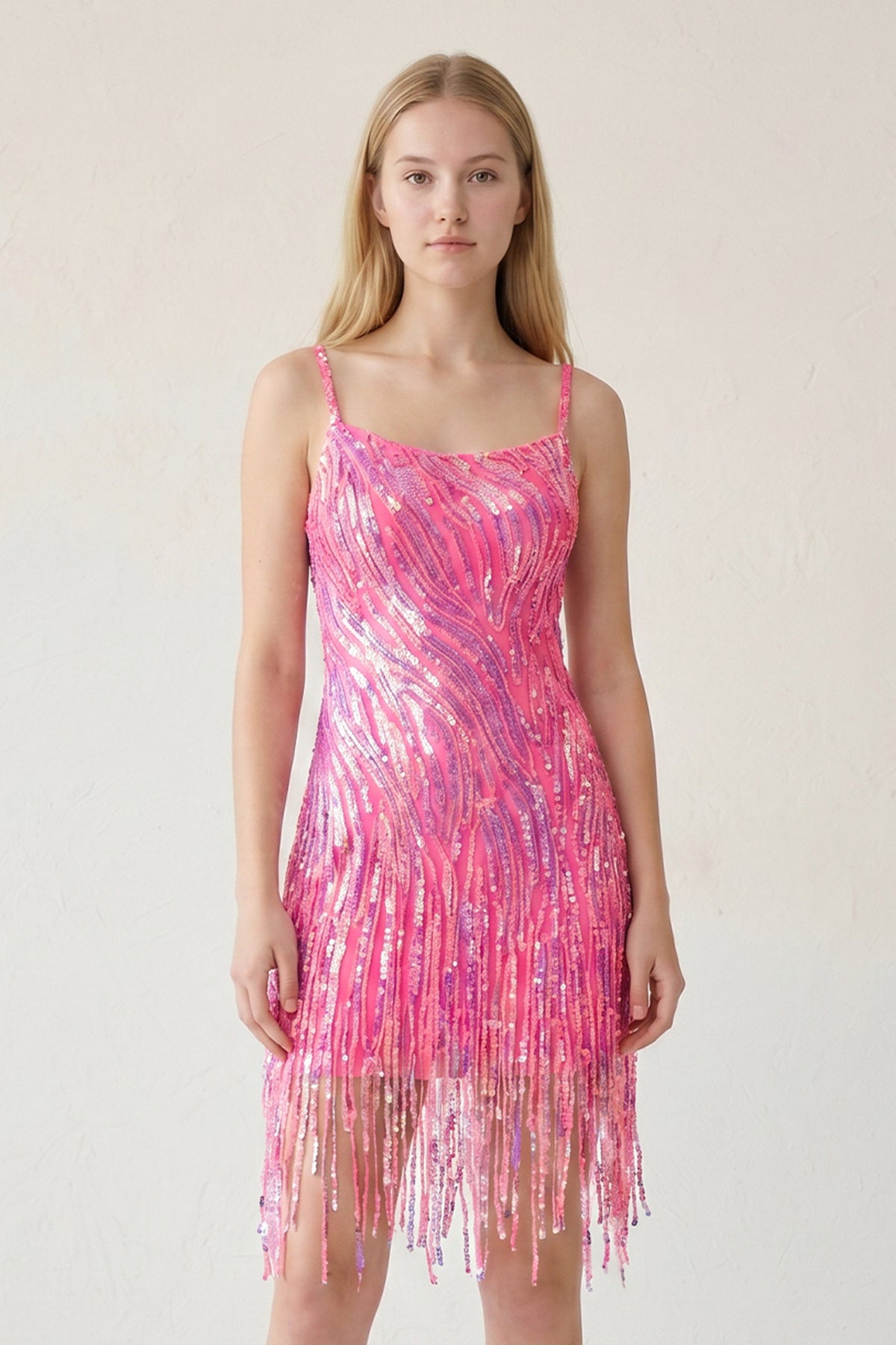 KissProm Sparkly Sheath Spaghetti Straps Gold Mini Party Dresses with Tassel, Hot Pink / 2