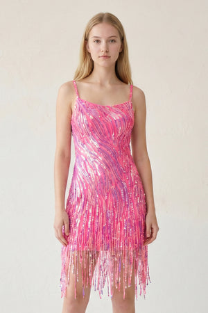 Hot Pink Sparkly Sheath Spaghetti Straps Mini Party Dresses with Tassel-KISSPROM