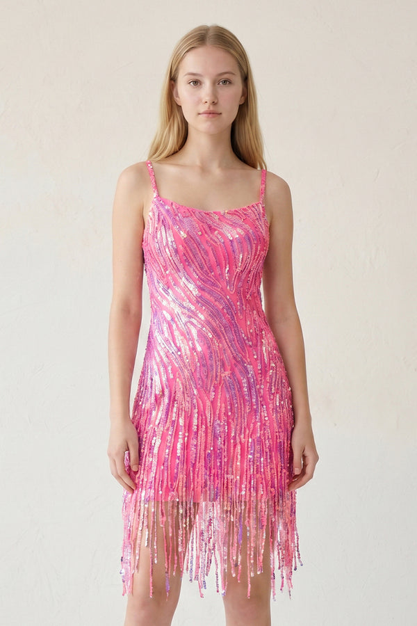 Hot Pink Sparkly Sheath Spaghetti Straps Mini Party Dresses with Tassel-KISSPROM