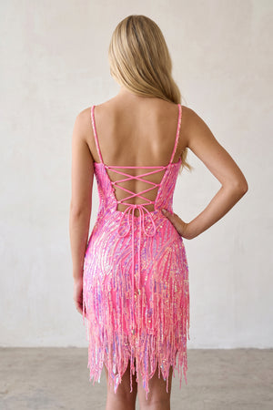 Hot Pink Sparkly Sheath Spaghetti Straps Mini Party Dresses with Tassel-KISSPROM