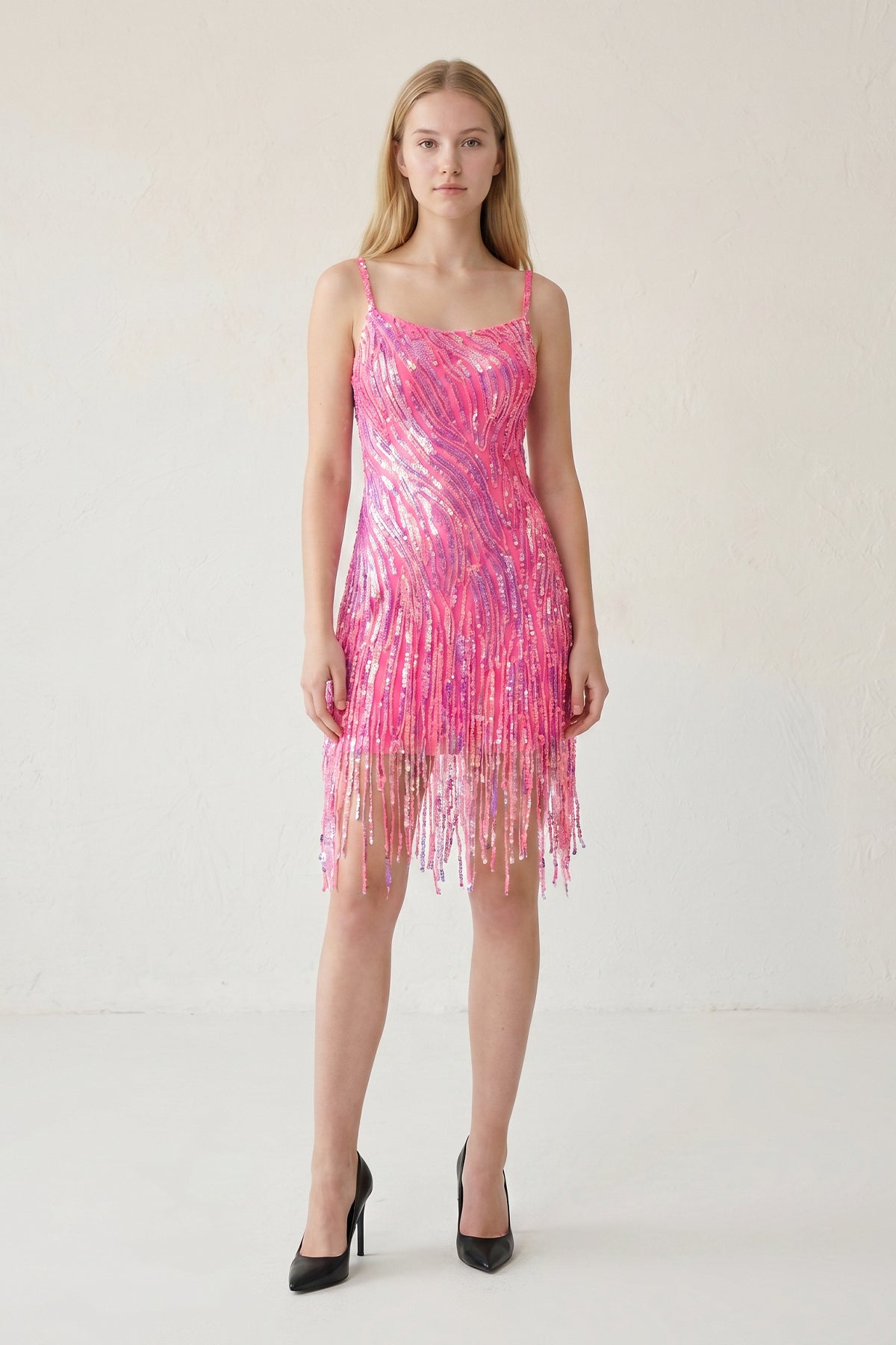 KissProm Sparkly Sheath Spaghetti Straps Gold Mini Party Dresses with Tassel, Hot Pink / 2